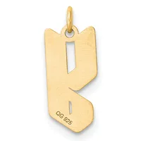 Gold pendant in the shape of the letter K with a small stamped hallmark on the lower left and a loop attachment at the top.