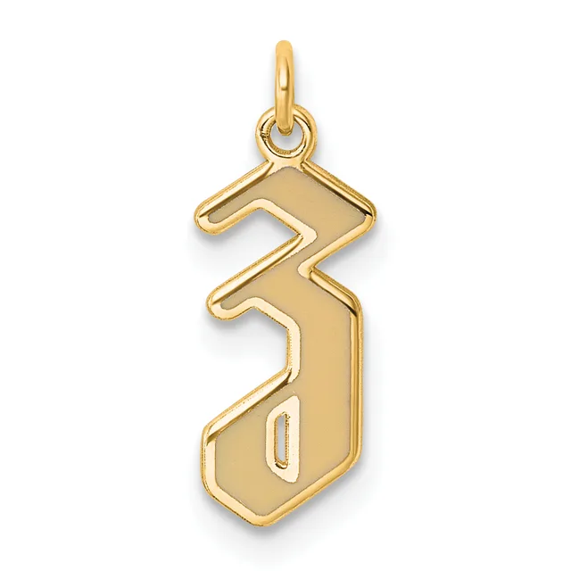 Gold pendant shaped like the number three with a looped bail at the top for hanging on a chain.