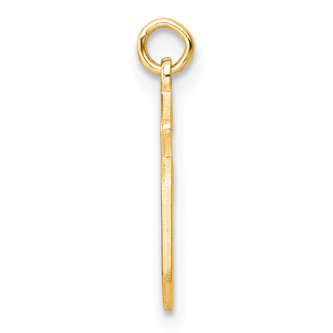 A gold-colored metal pendant with a circular loop at the top and a long tapered shaft with textured surface details, shown against a white background.