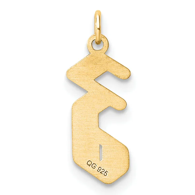 Gold pendant charm with a stylized wavy or zigzag shape and a small stamped hallmark on the lower portion.