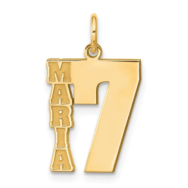Gold pendant shaped like the number 7 with the word "MARIA" vertically integrated into the left side, shown hanging from a loop bail.