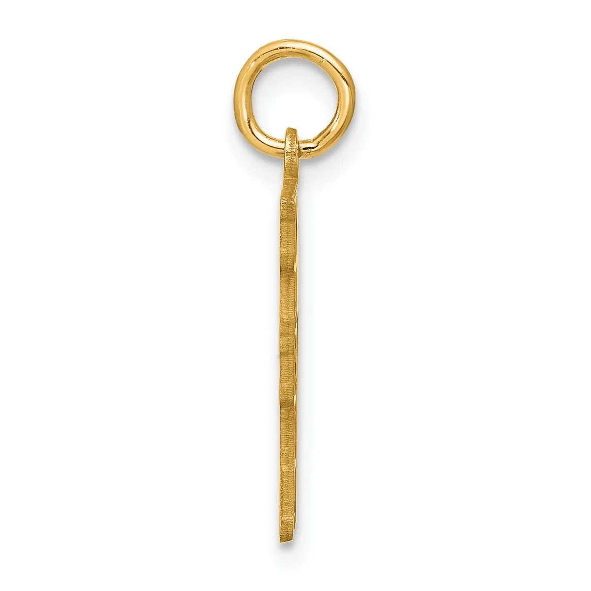 A gold pendant charm consisting of a round loop at the top connected to a long, slender rectangular bar with a textured finish.
