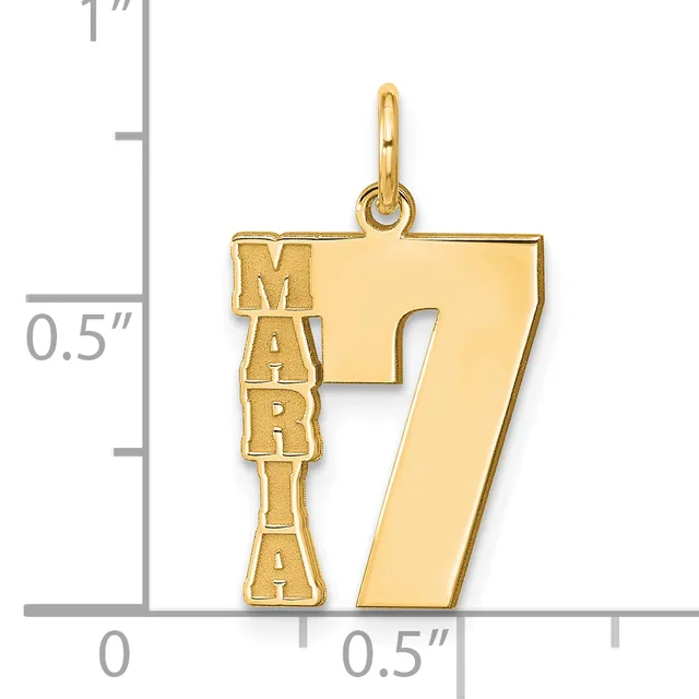 Gold pendant featuring the number 7 with the word MARIA vertically integrated into the left side, shown with a measurement scale indicating approximately one inch in height.