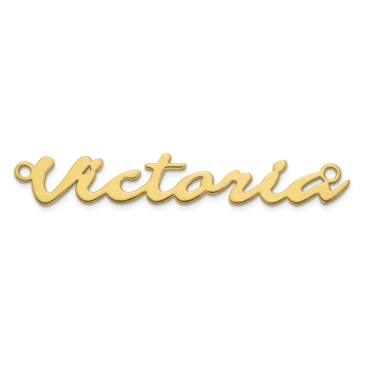 A gold-colored script name pendant with small loops at each end for attachment.