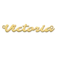 A gold-colored script name pendant with small loops at each end for attachment.