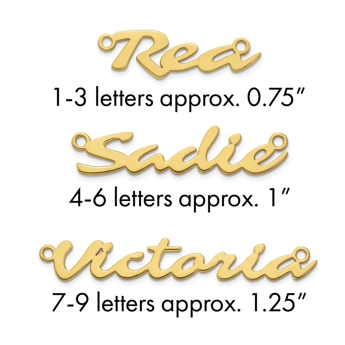 Three gold-colored nameplate pendants with loops in cursive script, labeled by letter count and approximate width measurements.