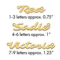 Three gold-colored nameplate pendants with loops in cursive script, labeled by letter count and approximate width measurements.
