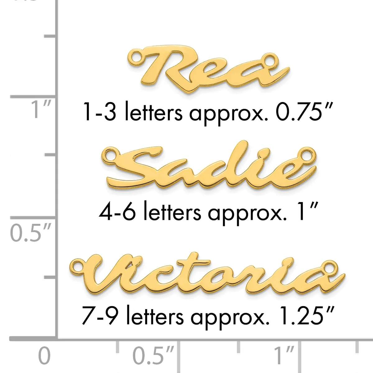 Gold-colored nameplate charms showing size comparisons: "Red" at 0.75 inches, "Sadie" at 1 inch, and "Victoria" at 1.25 inches, displayed against a ruler.