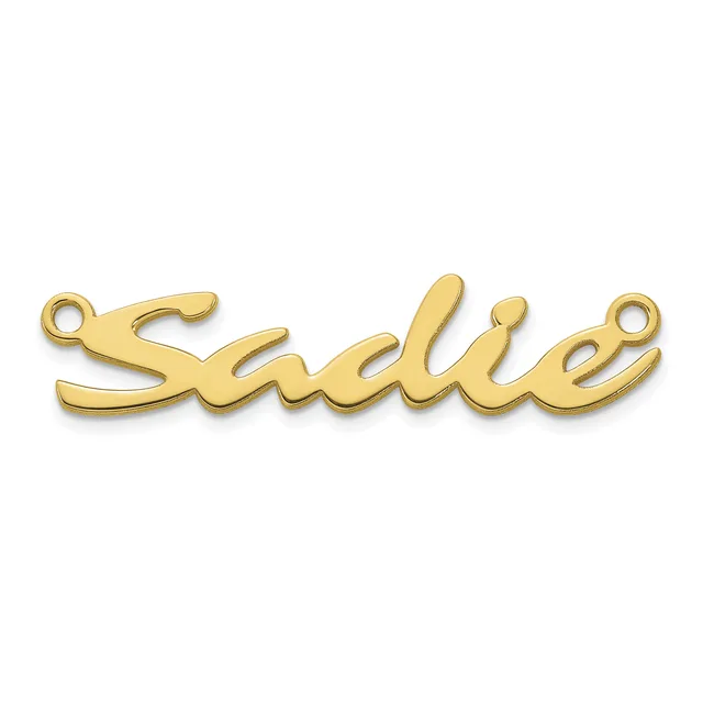 A gold-toned metal nameplate pendant with the script word "Sadie" and two small loops at each end for attachment.