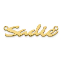A gold-toned metal nameplate pendant with the script word "Sadie" and two small loops at each end for attachment.