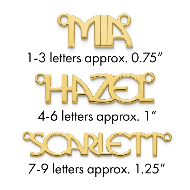 Three gold-toned letter pendants of increasing sizes shown with their approximate dimensions: MR at 0.75 inches,HAZEL at 1 inch, and SCARLETT at 1.25 inches.