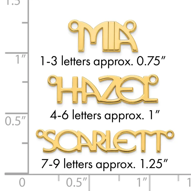 Three gold-colored nameplate charms with loops at each end, displayed with a ruler showing sizes: MR at 0.75 inches, HARPER at 1 inch, and SCARLETT at 1.25 inches.