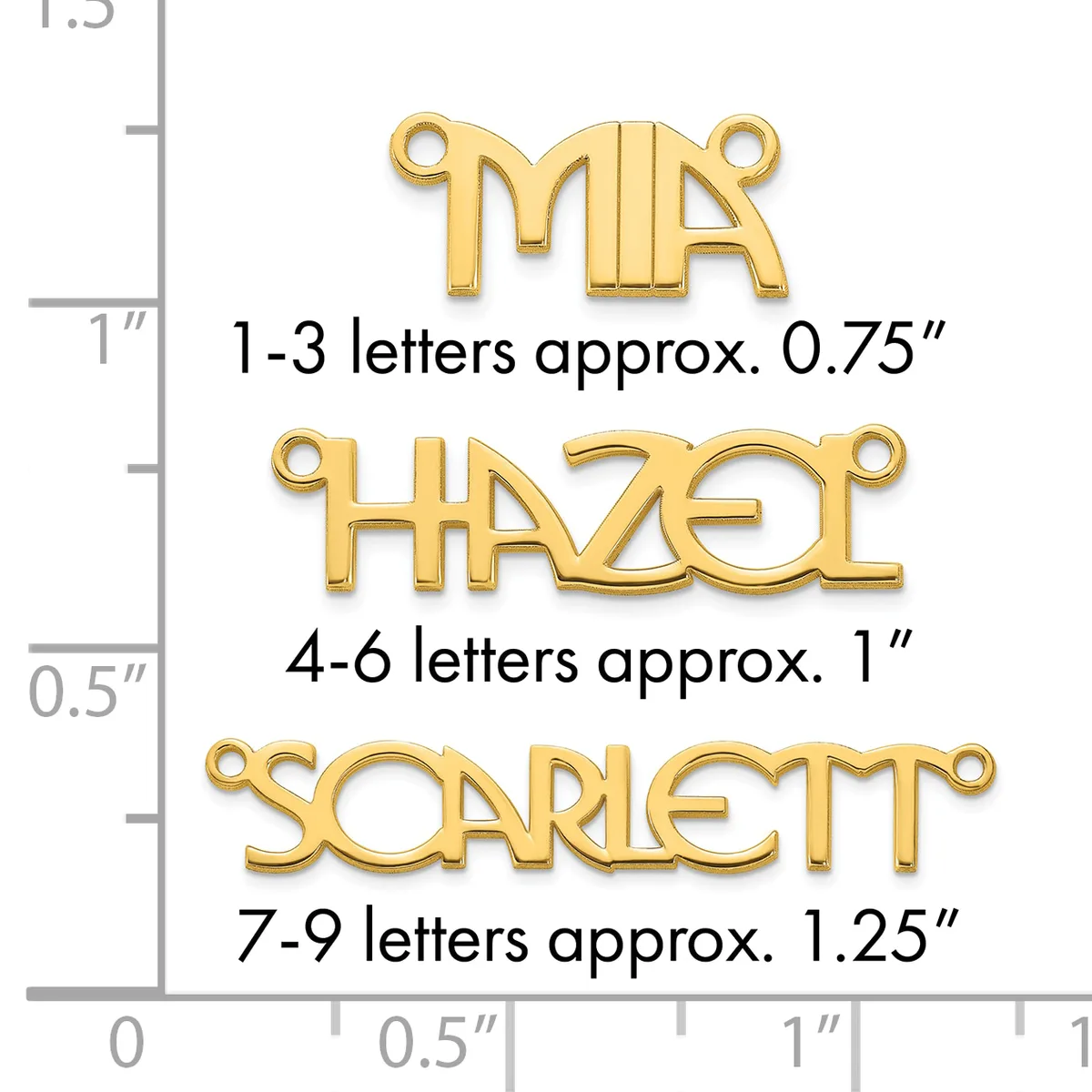 Three gold-colored nameplate charms with loops at each end, displayed with a ruler showing sizes: MR at 0.75 inches, HARPER at 1 inch, and SCARLETT at 1.25 inches.