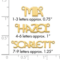 Three gold-colored nameplate charms with loops at each end, displayed with a ruler showing sizes: MR at 0.75 inches, HARPER at 1 inch, and SCARLETT at 1.25 inches.