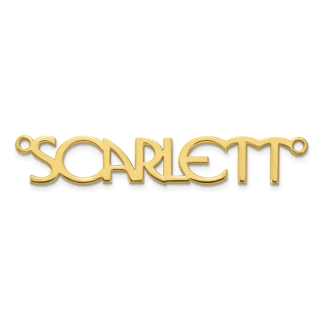 Gold-colored metal nameplate pendant with the word "SCARLETT" in stylized capital letters, featuring small loops at each end for attachment.