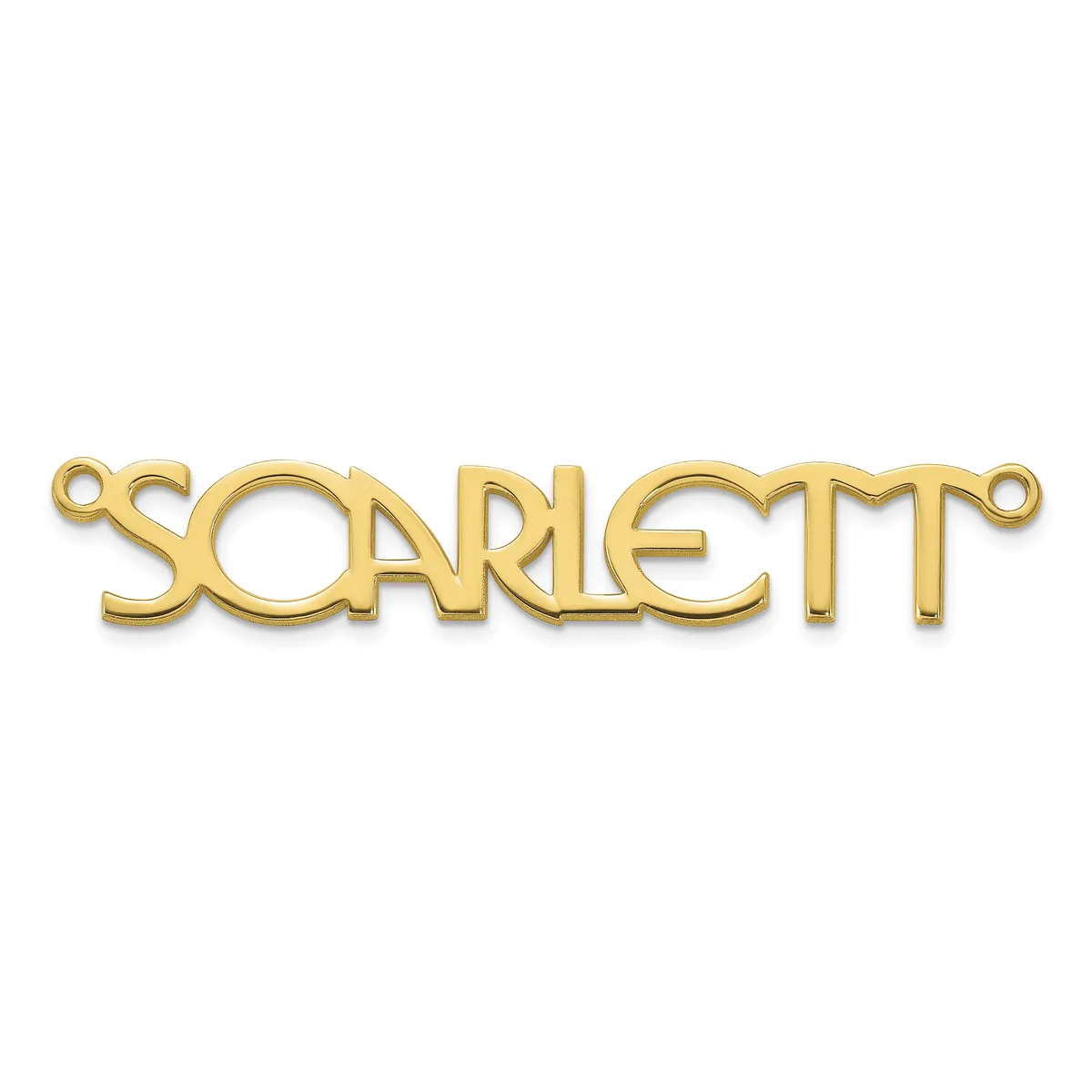 Gold-colored metal nameplate pendant with the word "SCARLETT" in stylized capital letters, featuring small loops at each end for attachment.