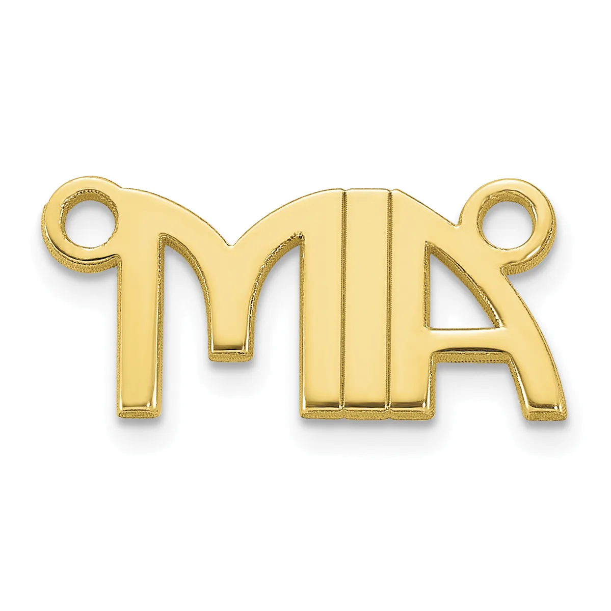Gold-toned metal connector charm with cutout letters spelling "MIA" and small loops at each end for attaching to jewelry.