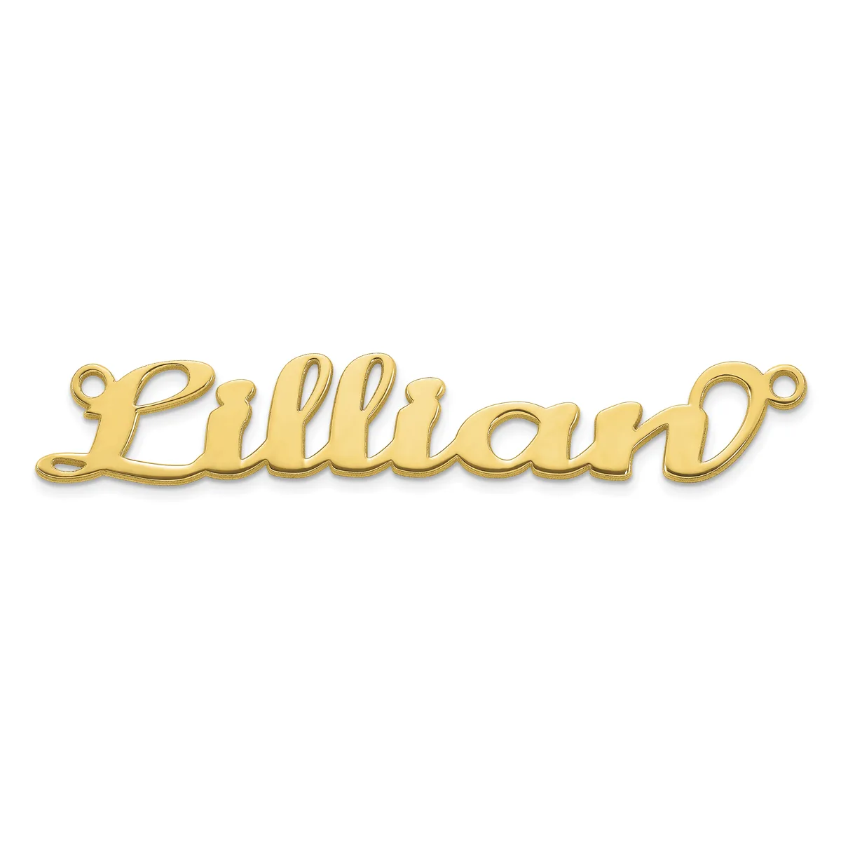 A gold-colored nameplate pendant spelling "Lillian" in cursive script with small loops at each end for attachment.