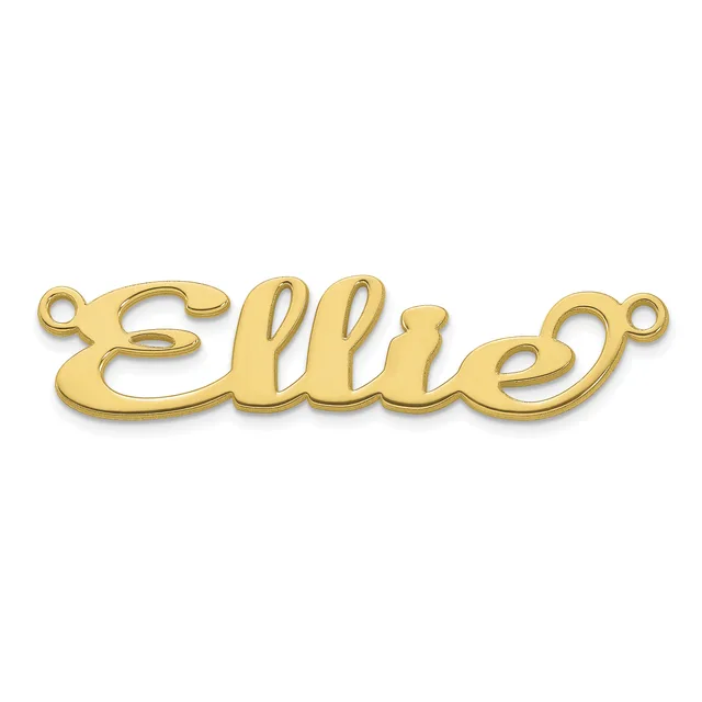 A gold-colored metal nameplate pendant spelling "Ellie" in cursive script with small loops at each end for attachment.