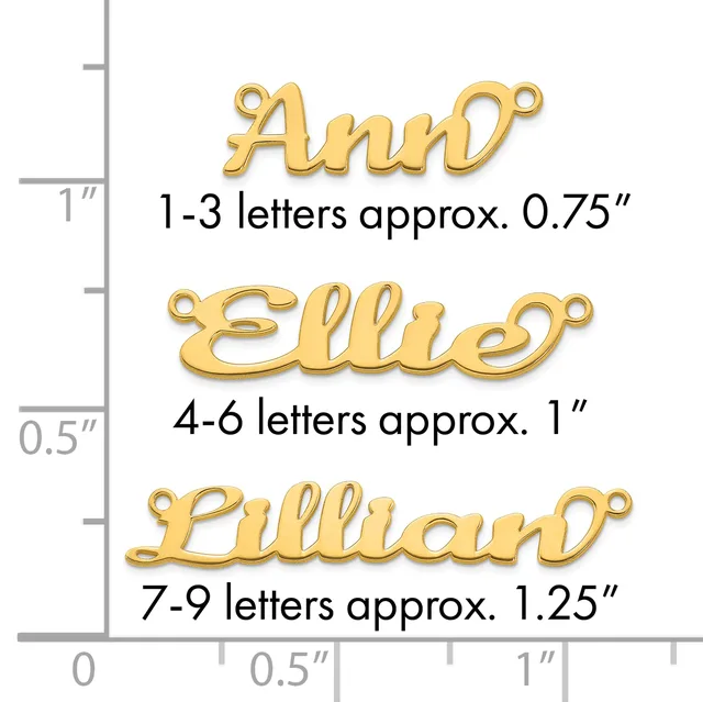 Three gold-colored nameplate pendants shown at actual size with a ruler: Ann (0.75"), Ellie (1"), and Lillian (1.25"), each with a small loop at the top.