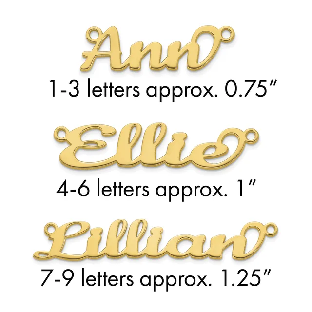 Three gold-toned name pendants shown with sizing information: Ann approximately 0.75 inches, Ellie approximately 1 inch, and Lillian approximately 1.25 inches, each with a small loop for attachment.
