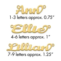 Three gold-toned name pendants shown with sizing information: Ann approximately 0.75 inches, Ellie approximately 1 inch, and Lillian approximately 1.25 inches, each with a small loop for attachment.