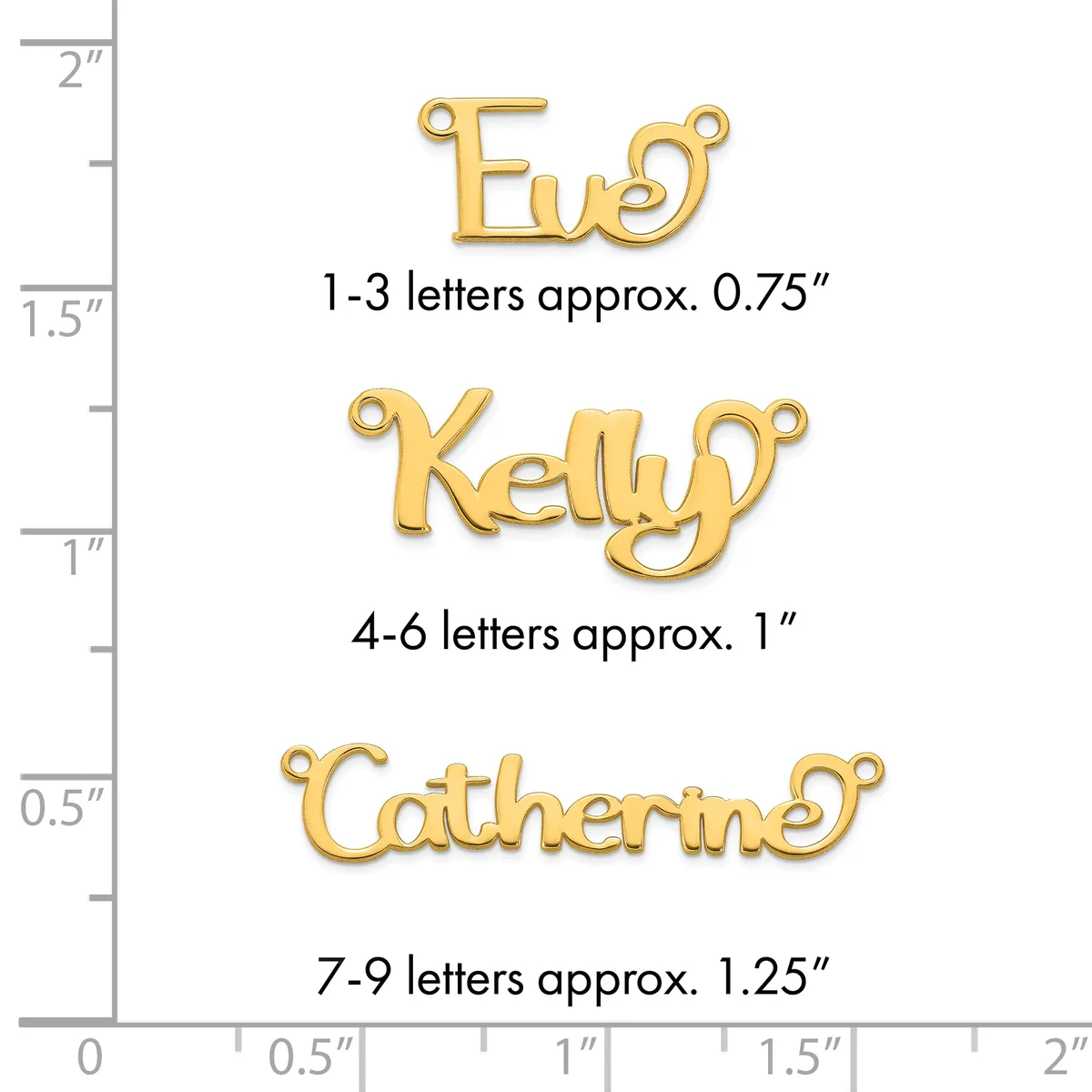 Three gold-colored metal name charms with loops, shown next to a ruler indicating sizes from approximately 0.75 to 1.25 inches in width.