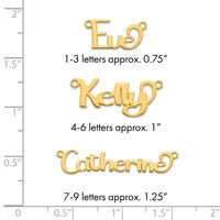 Three gold-colored metal name charms with loops, shown next to a ruler indicating sizes from approximately 0.75 to 1.25 inches in width.