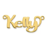 Gold-colored metal nameplate pendant spelling "Kelly" with small loop attachments at each end.
