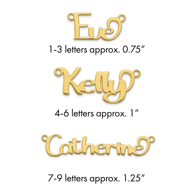 Three gold letter pendants shown with size specifications: "Eva" at 0.75 inches, "Kelly" at 1 inch, and "Catherine" at 1.25 inches, each with loop attachments.