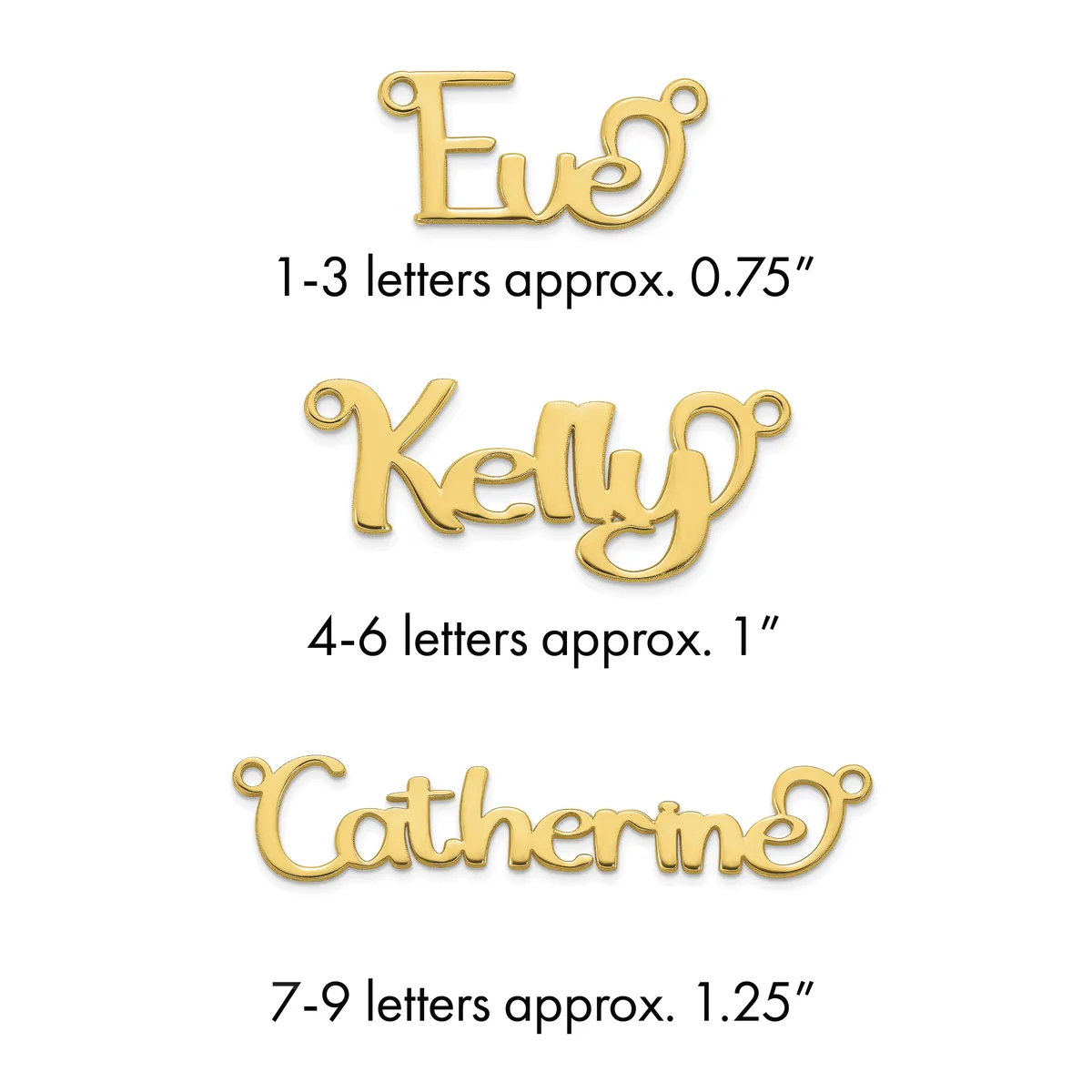 Three gold letter pendants shown with size specifications: "Eva" at 0.75 inches, "Kelly" at 1 inch, and "Catherine" at 1.25 inches, each with loop attachments.