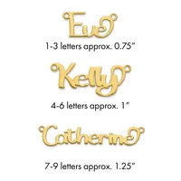 Three gold letter pendants shown with size specifications: "Eva" at 0.75 inches, "Kelly" at 1 inch, and "Catherine" at 1.25 inches, each with loop attachments.