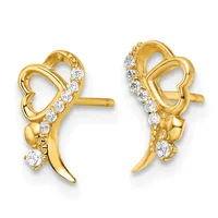 Pair of gold stud earrings featuring open heart designs with diamond accents and curved gold posts, shown from the front and back.