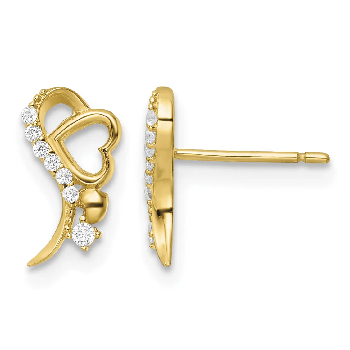 Pair of gold heart-shaped stud earrings with diamond accents along the curved edges, shown from front and side views.