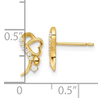 Gold heart-shaped stud earrings with cubic zirconia accents, shown from front and side views with a measurement scale indicating approximately 0.5 inches in height.