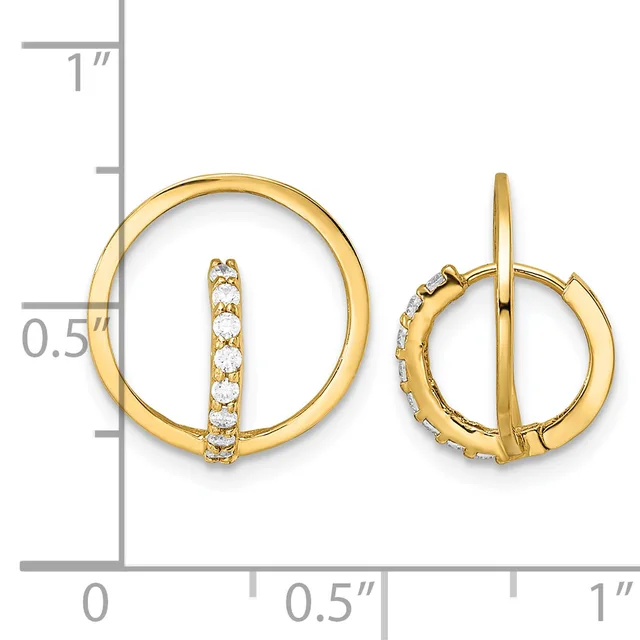 Two gold hoop earrings with diamond accents displayed next to a ruler showing the larger pair is approximately one inch tall and the smaller pair is about half an inch tall.
