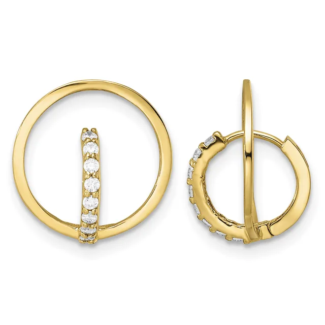 Two gold hoop earrings with cubic zirconia accents, displayed front and back views showing the hinged closure mechanism.
