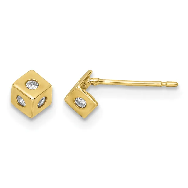 A pair of gold cube-shaped stud earrings with cubic zirconia stones set on each visible face, displayed on posts with backs.