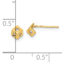 Pair of gold cube stud earrings with diamond accents, shown at actual size on a measurement scale indicating approximately 0.5 inches in height and width.