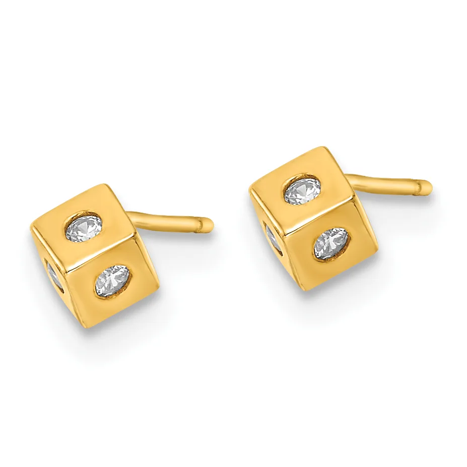 Pair of gold cube stud earrings with small oval diamond settings on each face, shown from a three-quarter view against a white background.