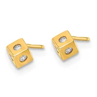 Pair of gold cube stud earrings with small oval diamond settings on each face, shown from a three-quarter view against a white background.