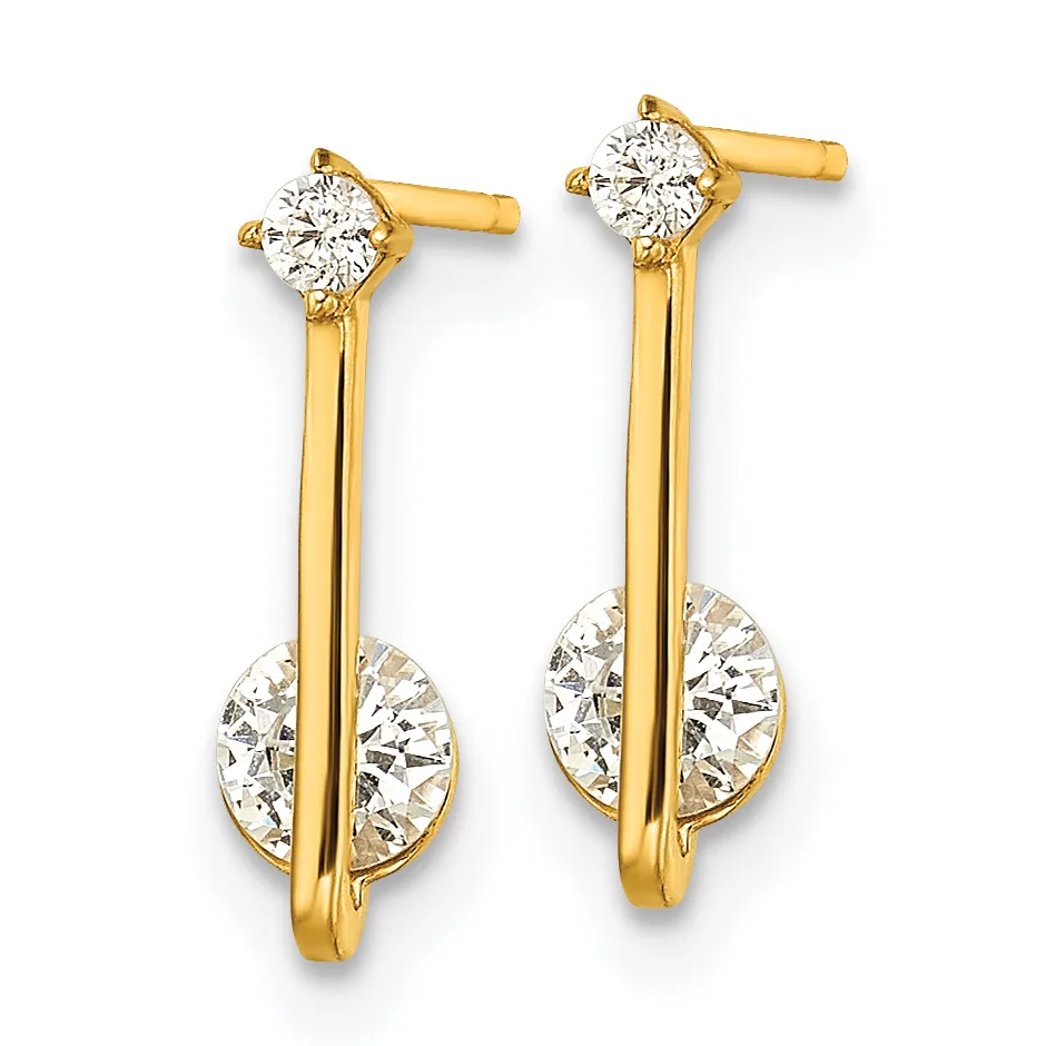 Pair of gold drop earrings with round diamond studs at the top and larger oval diamond charms suspended below on curved gold posts.