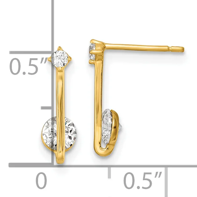 Gold drop earrings with clear cubic zirconia stones at the top and bottom, displayed against a measurement scale showing approximately 0.5 inches in height and width.