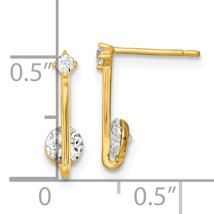 Gold drop earrings with clear cubic zirconia stones at the top and bottom, displayed against a measurement scale showing approximately 0.5 inches in height and width.