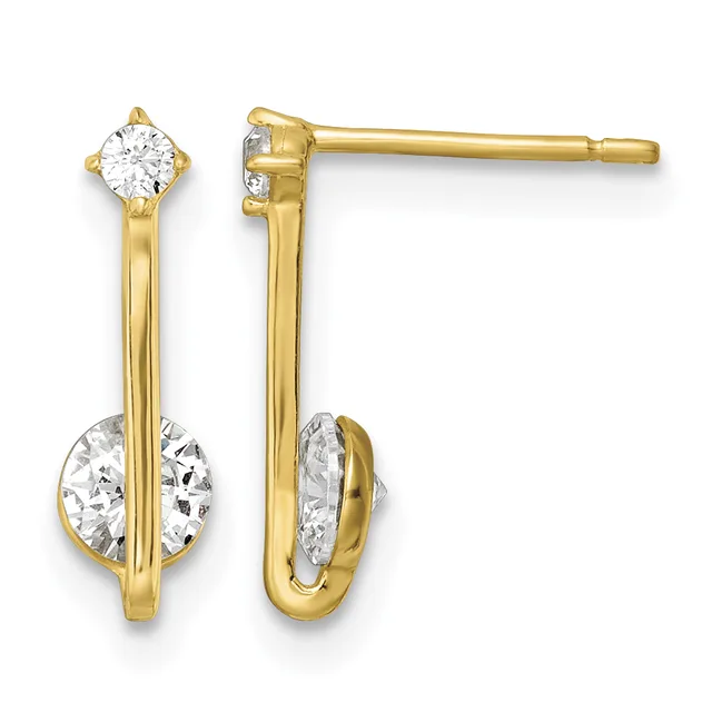 Pair of gold drop earrings with round diamond studs at top and larger oval diamond stones suspended below on elongated posts with post and friction backs.