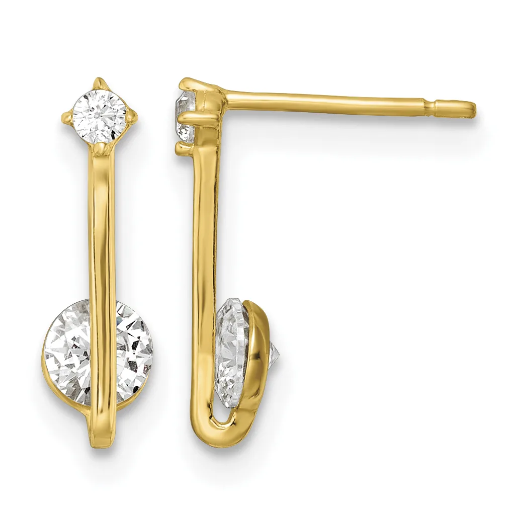 Pair of gold drop earrings with round diamond studs at top and larger oval diamond stones suspended below on elongated posts with post and friction backs.