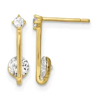 Pair of gold drop earrings with round diamond studs at top and larger oval diamond stones suspended below on elongated posts with post and friction backs.
