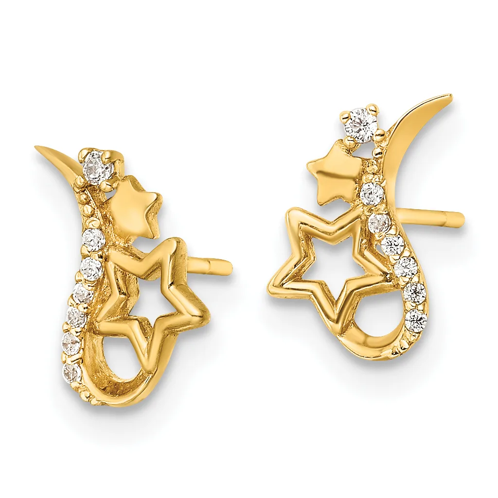 Pair of gold stud earrings with star-shaped cutouts and diamond accents along the curved edges, shown from the front.