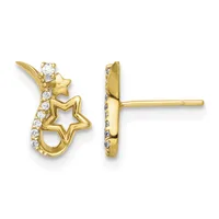 Pair of gold stud earrings featuring two outlined stars with a curved crescent moon, adorned with small round diamonds along the edges, shown from front and side views.