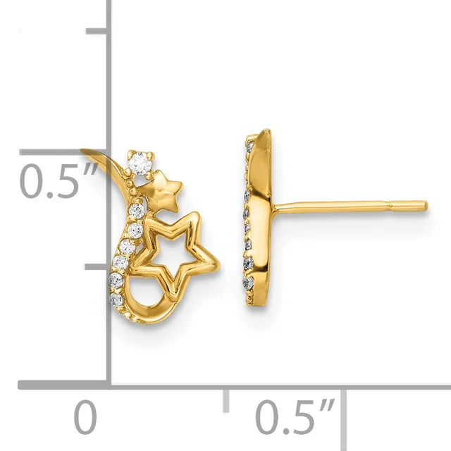 Gold star stud earrings with cubic zirconia accents, shown front and side view with measurement scale indicating approximately 0.5 inch height.